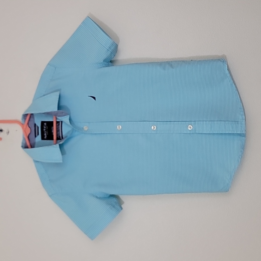 Nautica Blue & White Pinstripe Short Sleeve Button Down Shirt 6/7
